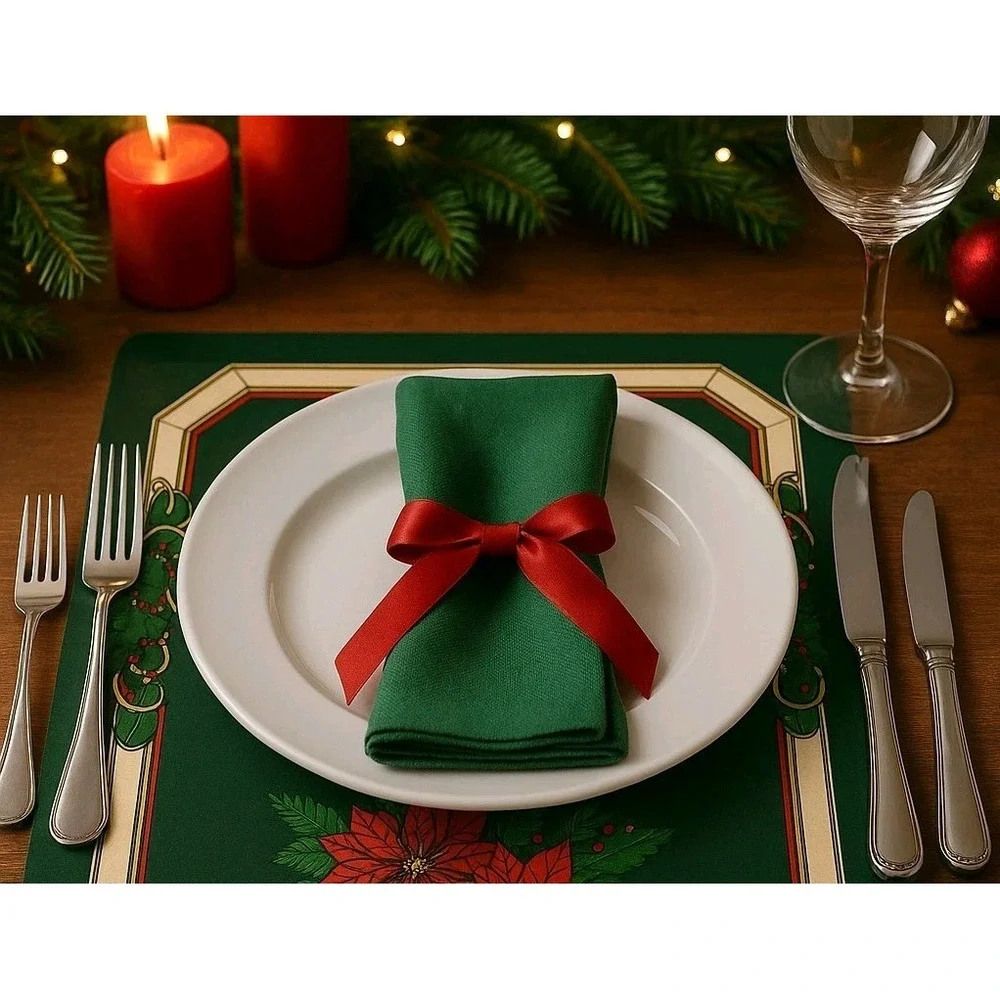 Rare New VTG‎ Penny Penguins Dining Placemats Set 6 Christmas Poinsettia & Holly